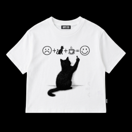 T-Shirt Oversize "Cat & Coffee" - White | Hipster