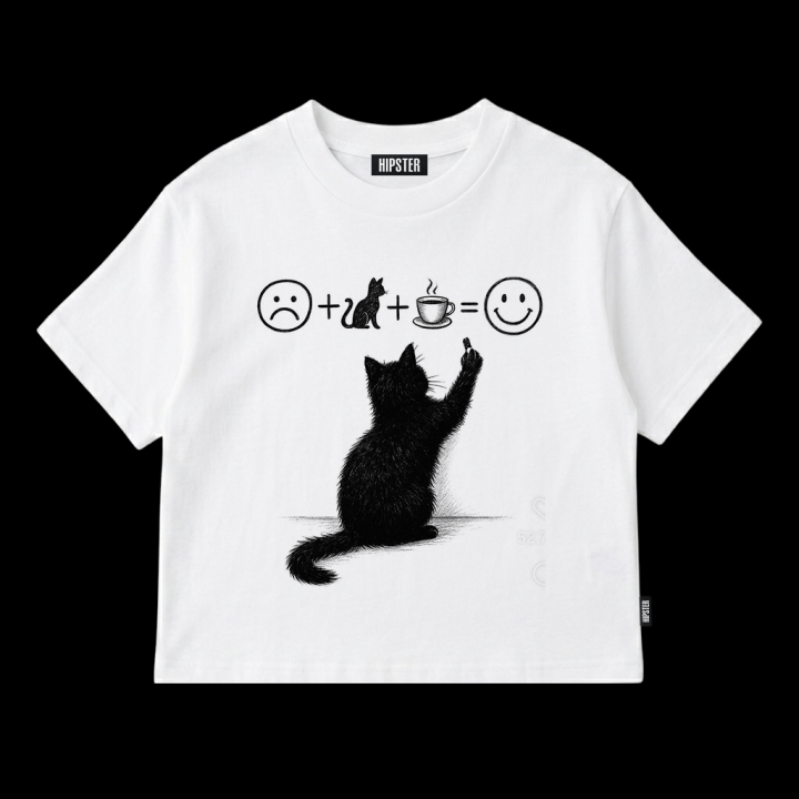 T-Shirt Oversize "Cat & Coffee" - White | Hipster